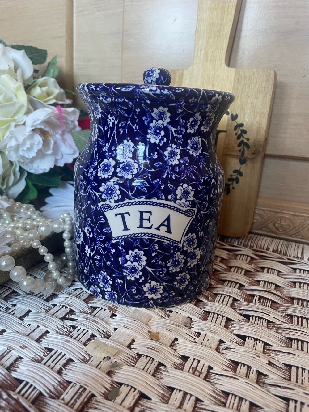 VTG Burleigh Pottery Blue & White Calico tea Storage Jar